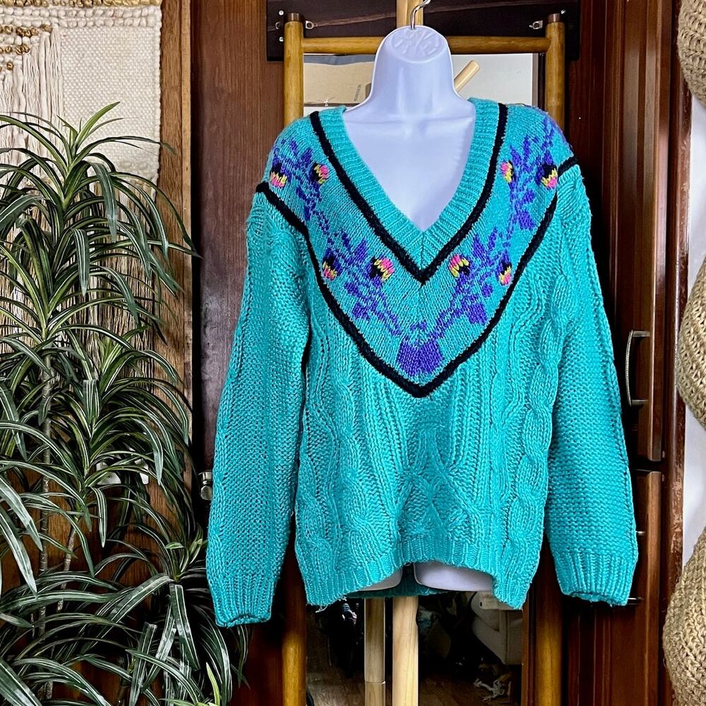Vintage IVY Hand Knit Sweater Womens S Teal Purple Floral Cable Knit Ramie Korea